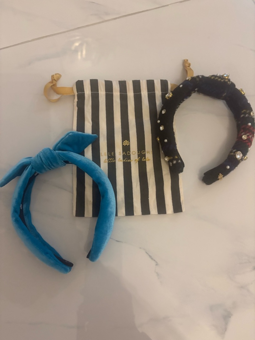 Lele Sadoughi Kids Blue Velvet & Plaid Studded Knot Headbands